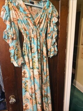 Floral V-Neck Ruffle Sleeve Maxi Dress in Aqua